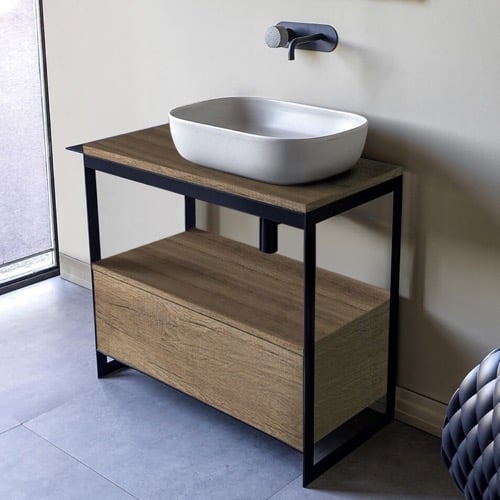 Console Sink Vanity With Ceramic Vessel Sink and Natural Brown Oak Drawer, 35 Inch Scarabeo 1804-SOL3-89